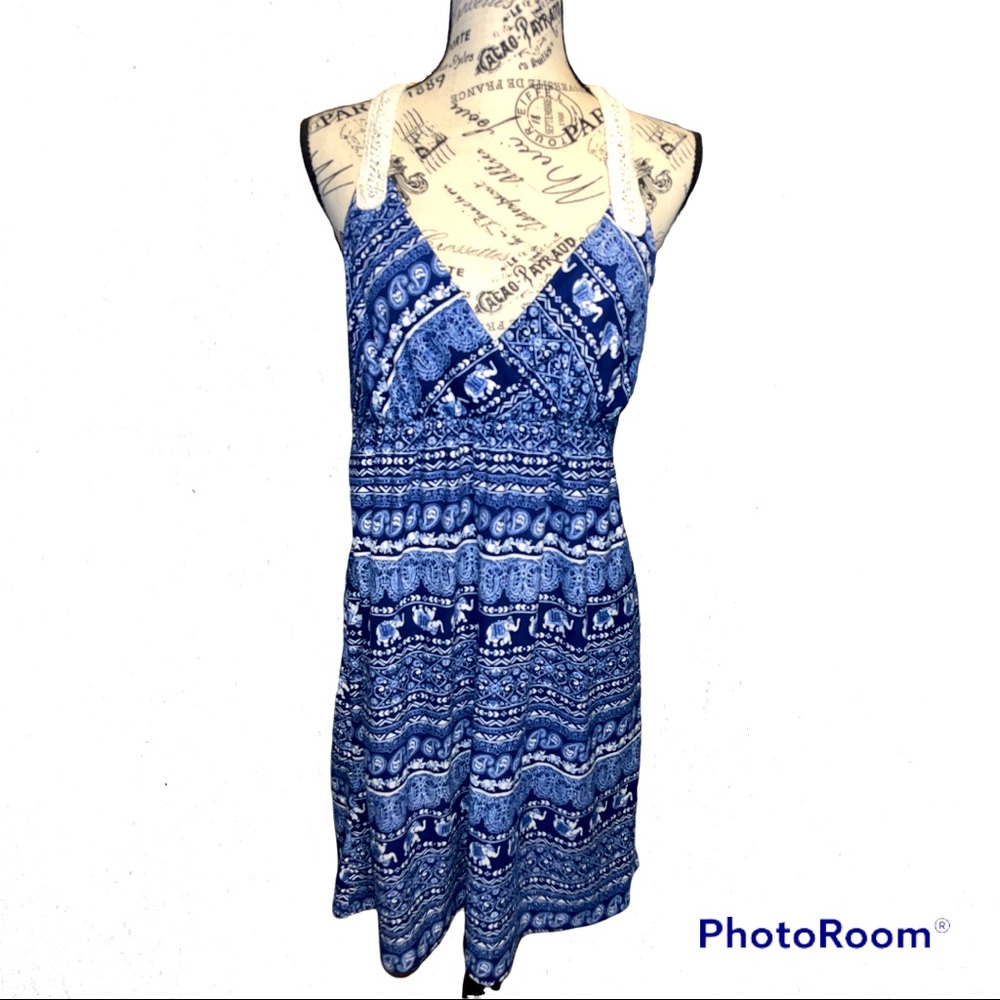 Navy and White Crochet Strapped Crisscross Cut Summer Dress